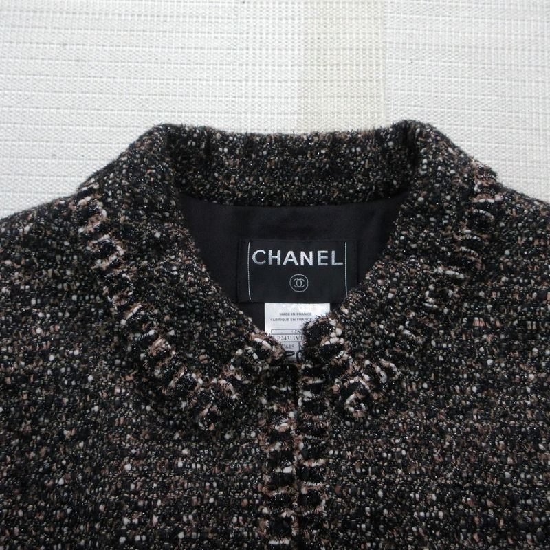 Chanel Tweed Long Coat Brown Black 44 XL