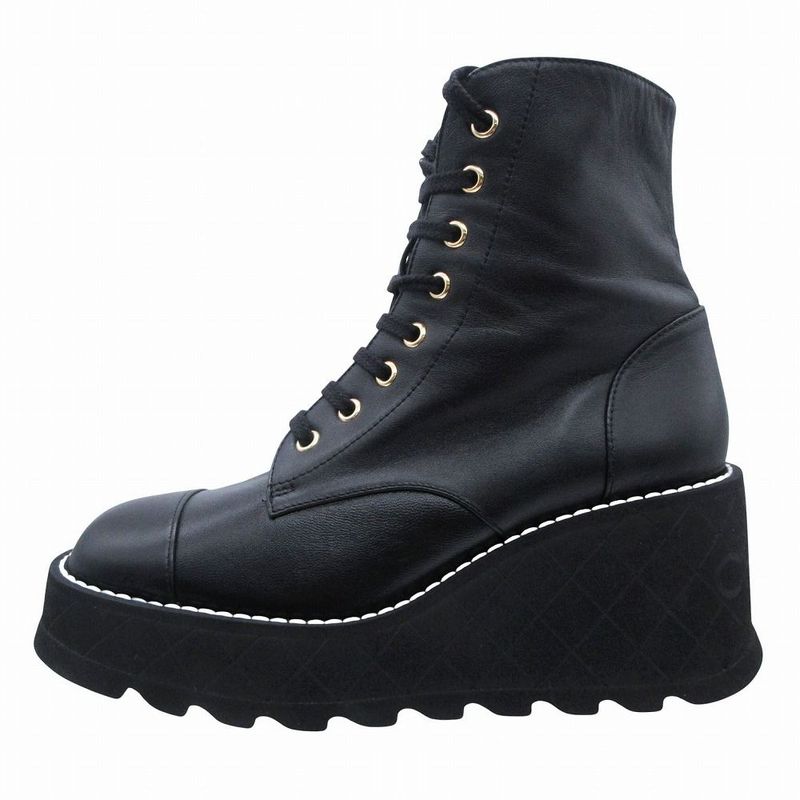 Chanel Shoes Lambskin Boots Quilted Sole Side Zip 37.5
