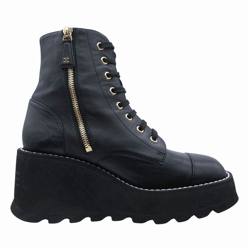 Chanel Shoes Lambskin Boots Quilted Sole Side Zip 37.5
