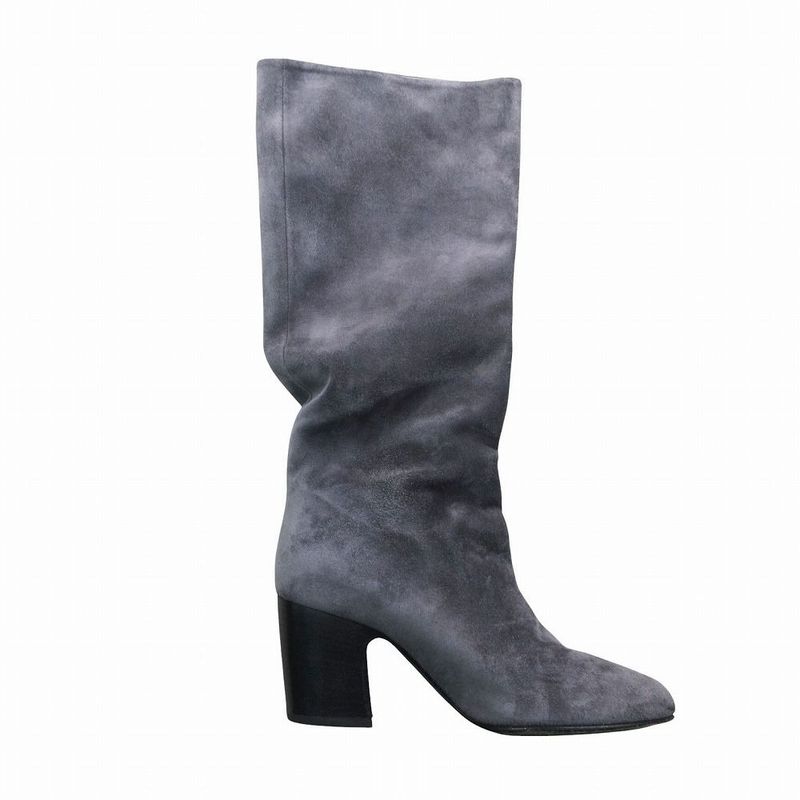Chanel CC Logo Suede Leather Long Boots Shoes Gray 36.5