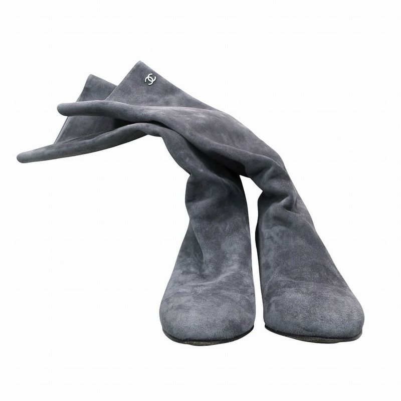 Chanel CC Logo Suede Leather Long Boots Shoes Gray 36.5