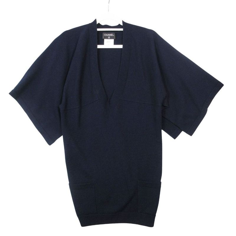 Chanel Cashmere Knit Sweater V-neck Cape Style 40 L Navy
