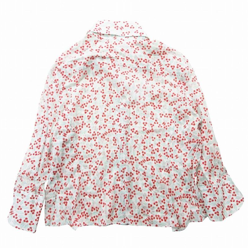 Chanel Blouse Sheer Shirt 3/4 Sleeve Floral Pattern CC Logo CC