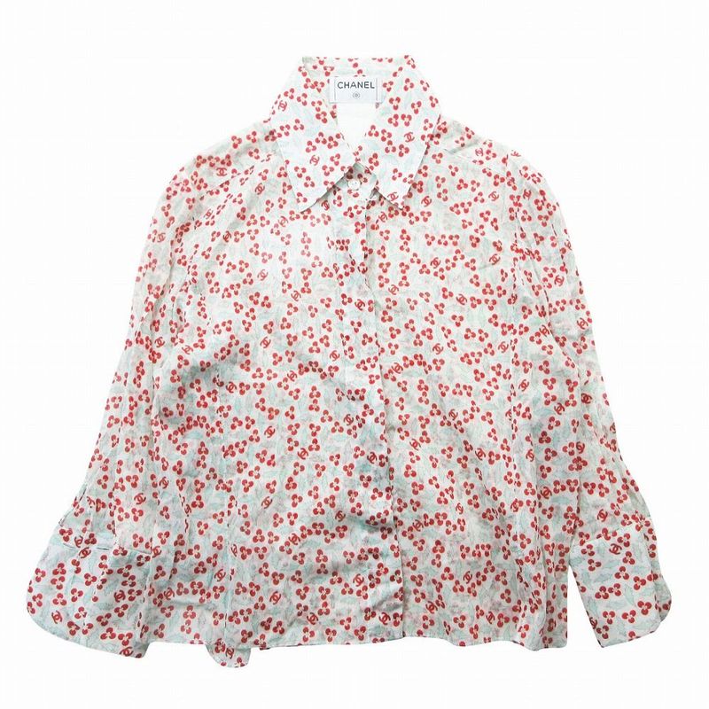 Chanel Blouse Sheer Shirt 3/4 Sleeve Floral Pattern CC Logo CC