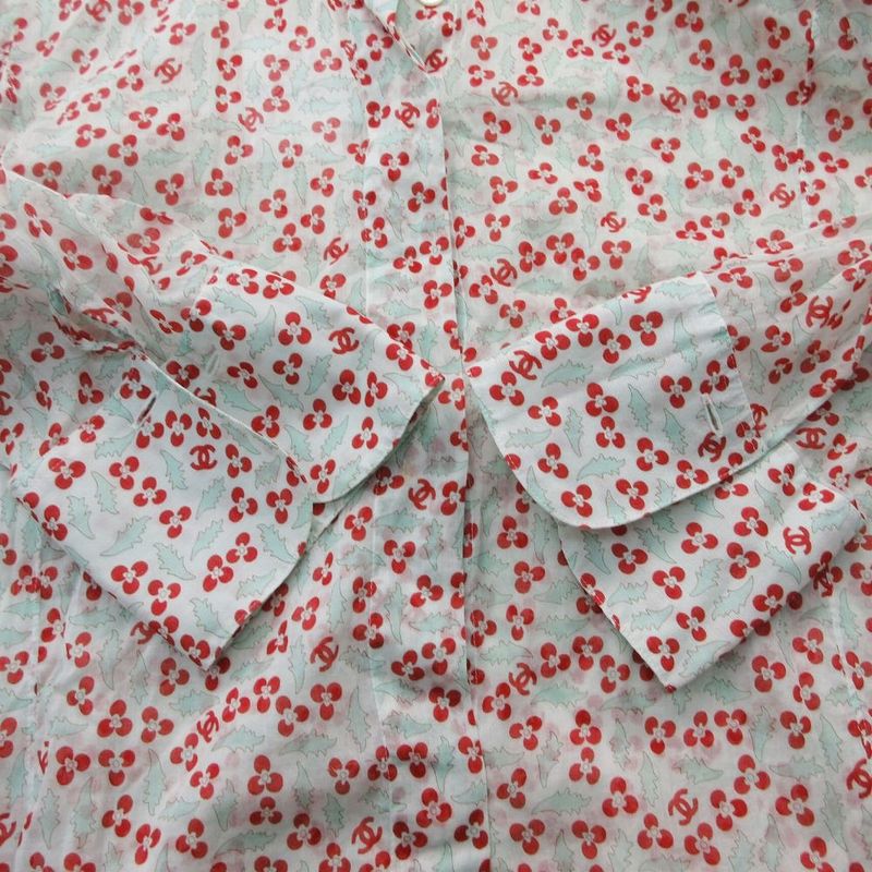 Chanel Blouse Sheer Shirt 3/4 Sleeve Floral Pattern CC Logo CC