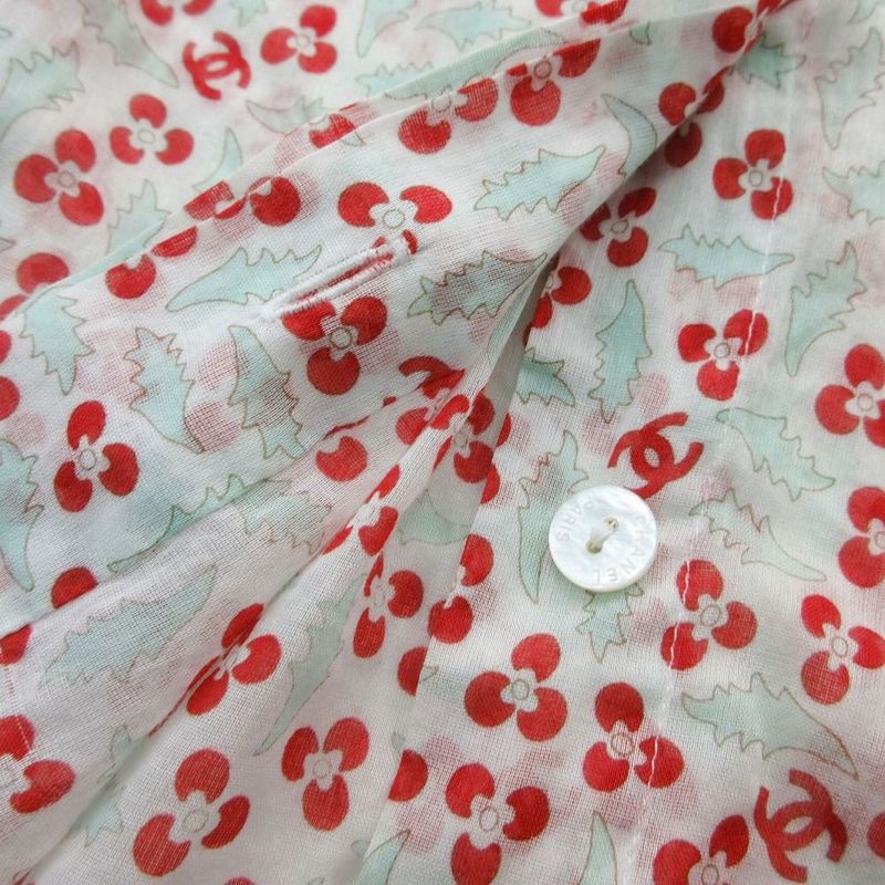 Chanel Blouse Sheer Shirt 3/4 Sleeve Floral Pattern CC Logo CC