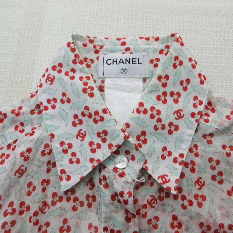 Chanel Blouse Sheer Shirt 3/4 Sleeve Floral Pattern CC Logo CC
