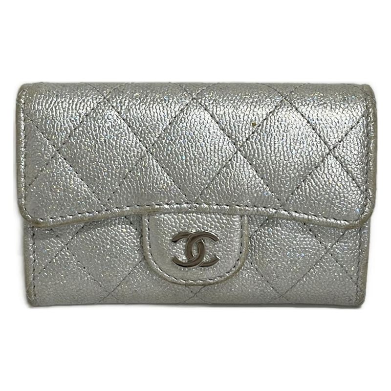 Chanel Business Card Holder Quilted Silver CC Logo Lame