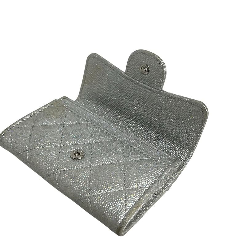 Chanel Business Card Holder Quilted Silver CC Logo Lame