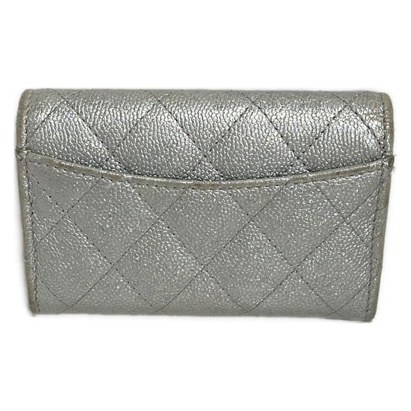 Chanel Business Card Holder Quilted Silver CC Logo Lame