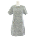 Chanel Uniform Tweed Dress Short Sleeve Knee Length 5 Buttons 36 Blue White