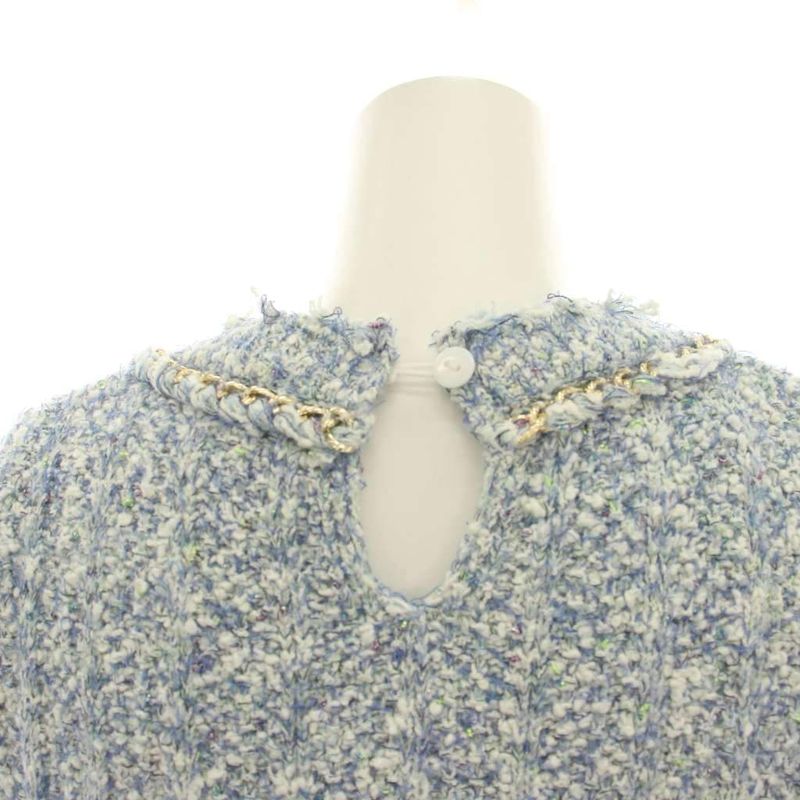 Chanel Uniform Tweed Dress Short Sleeve Knee Length 5 Buttons 36 Blue White