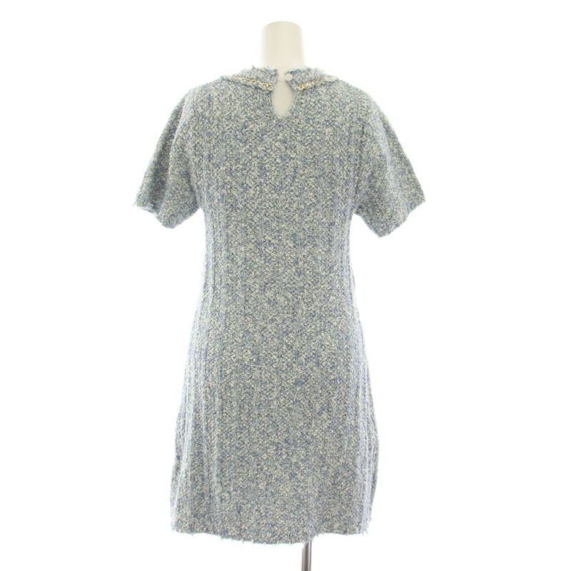 Chanel Uniform Tweed Dress Short Sleeve Knee Length 5 Buttons 36 Blue White