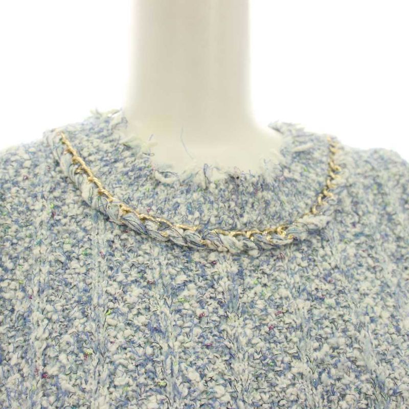 Chanel Uniform Tweed Dress Short Sleeve Knee Length 5 Buttons 36 Blue White