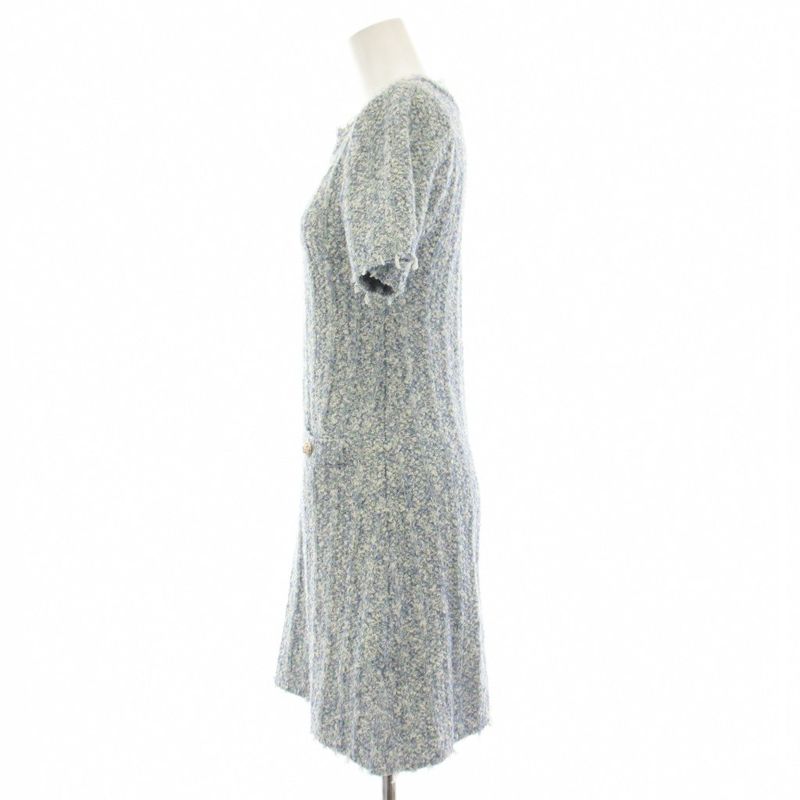 Chanel Uniform Tweed Dress Short Sleeve Knee Length 5 Buttons 36 Blue White