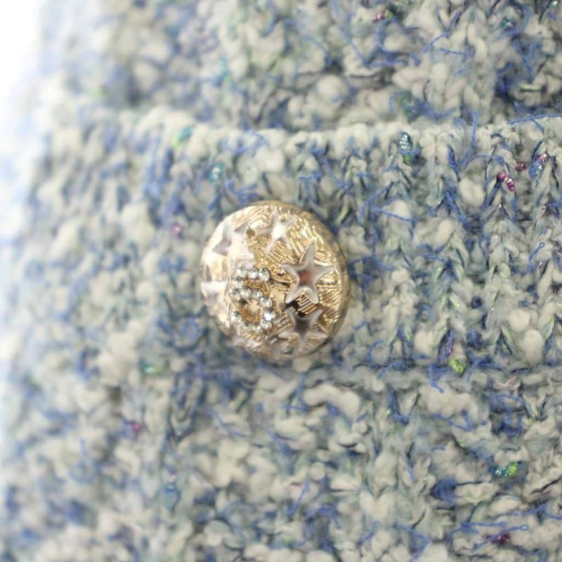 Chanel Uniform Tweed Dress Short Sleeve Knee Length 5 Buttons 36 Blue White