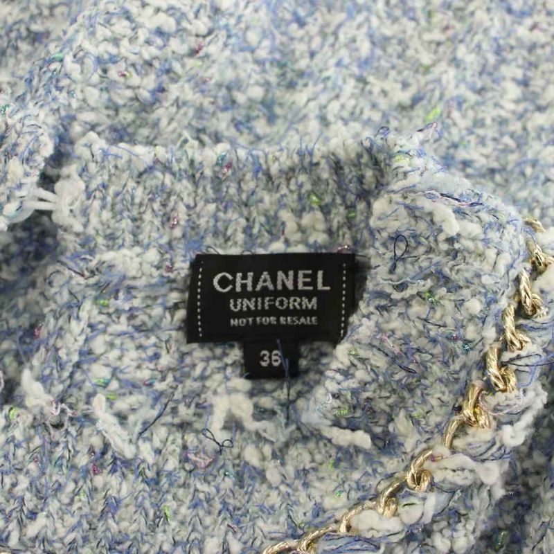 Chanel Uniform Tweed Dress Short Sleeve Knee Length 5 Buttons 36 Blue White