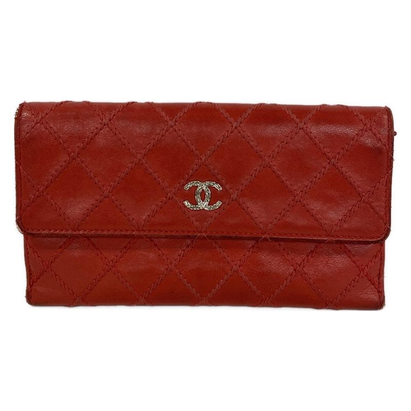 Chanel Wallet Bicolor Red Trifold Leather Shape Number: