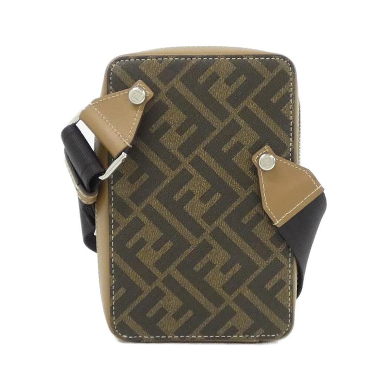 Fendi Shoulder Bag Leather Canvas Sand
