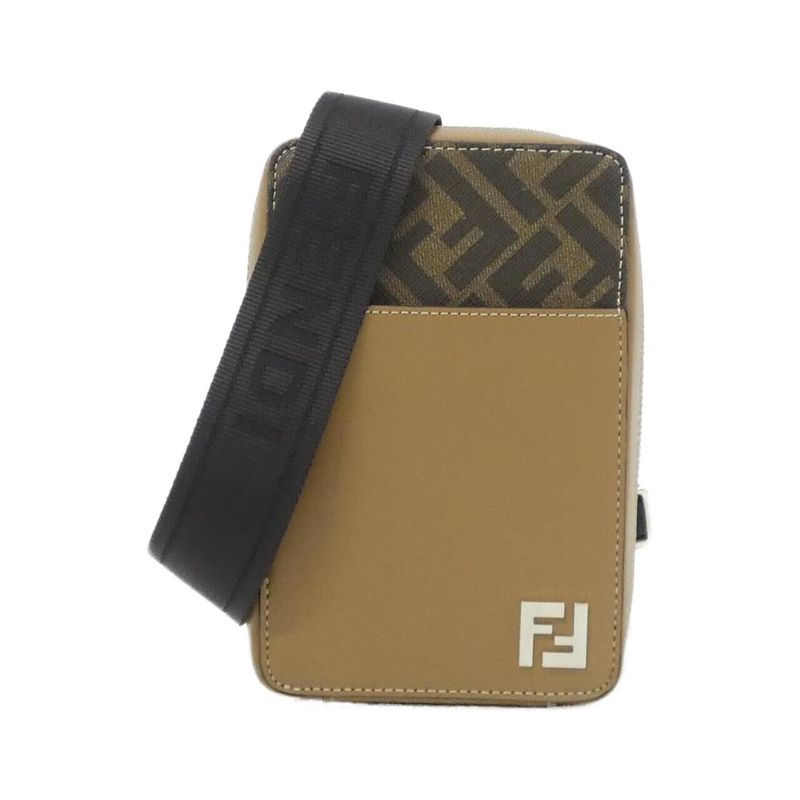 Fendi Shoulder Bag Leather Canvas Sand