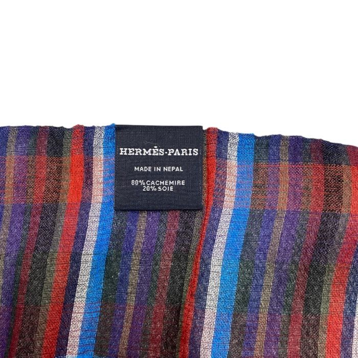 Hermes Check Scarf Shawl Large Cashmere Silk Logo Blue Red Multicolor