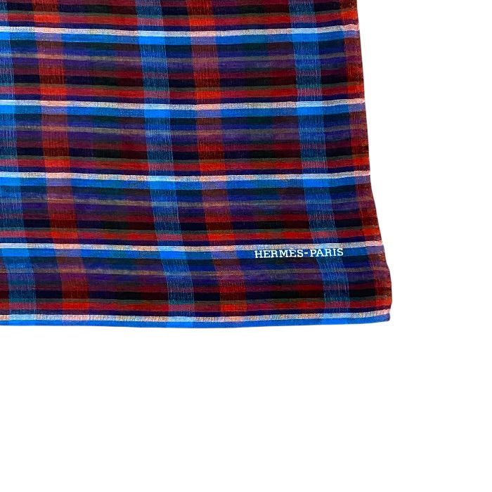 Hermes Check Scarf Shawl Large Cashmere Silk Logo Blue Red Multicolor