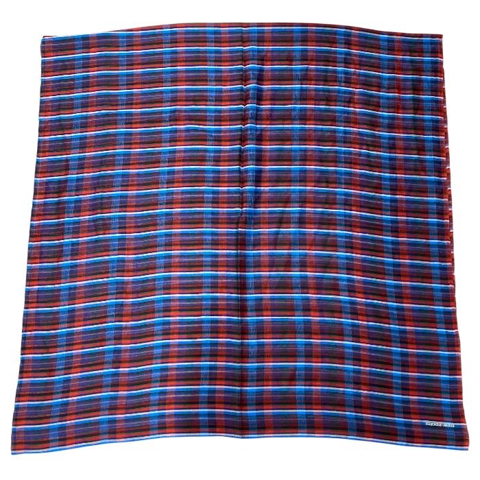 Hermes Check Scarf Shawl Large Cashmere Silk Logo Blue Red Multicolor