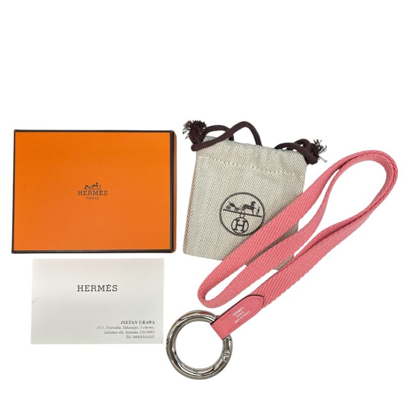 Hermes Strap Carre Pocket Neck Key Ring Pink Silver Canvas