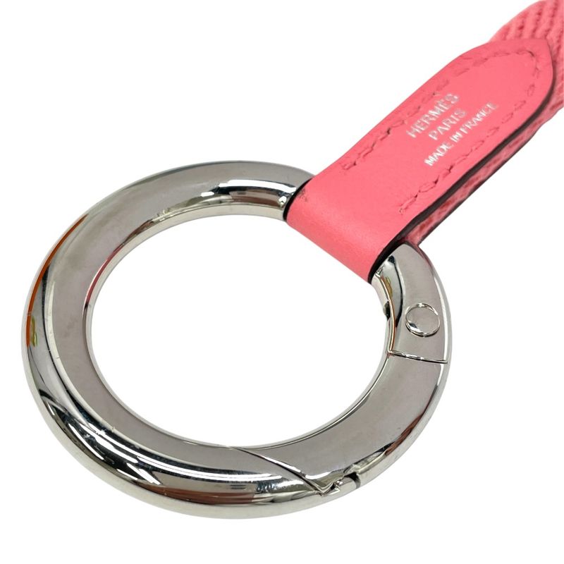 Hermes Strap Carre Pocket Neck Key Ring Pink Silver Canvas