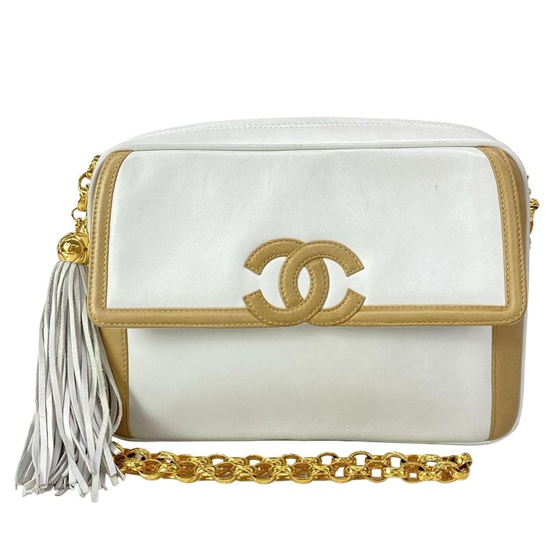 Chanel Shoulder Bag White Beige Chain Tassel Leather