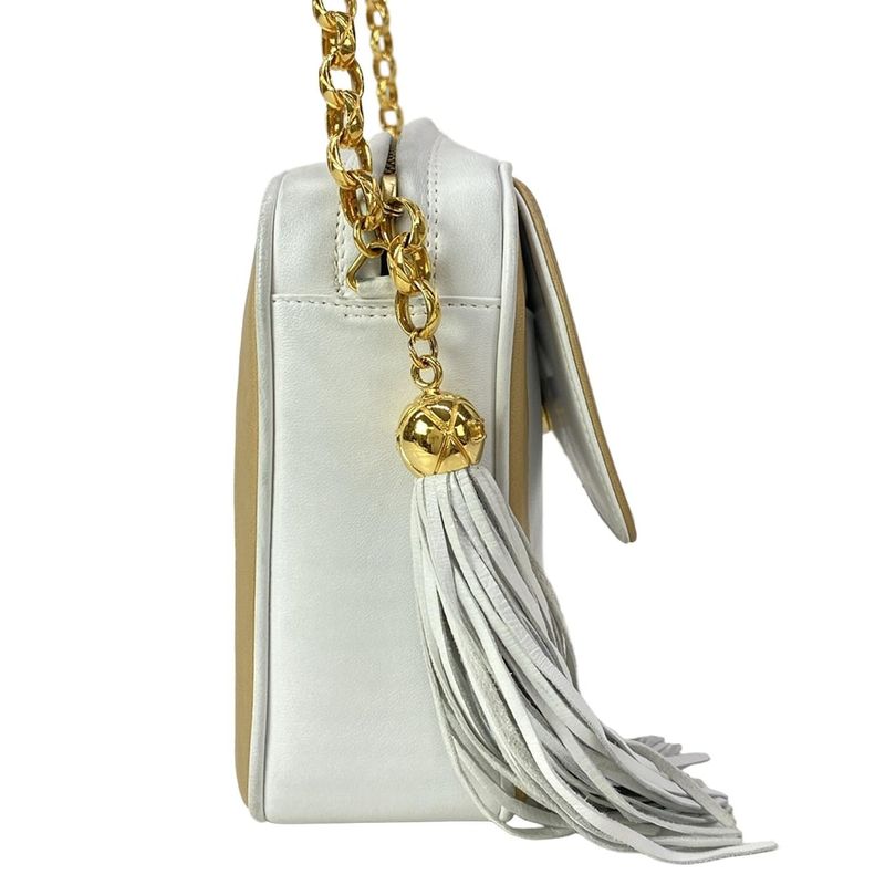 Chanel Shoulder Bag White Beige Chain Tassel Leather