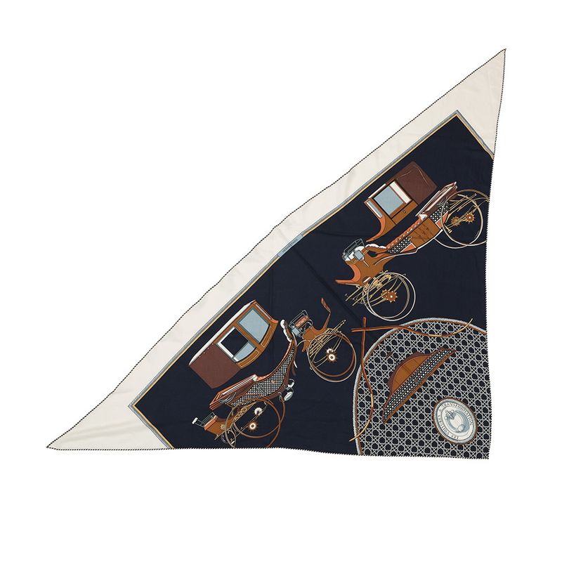 Hermes Shawl Triangle Jean Folding Top Carriage Cashmere Silk Navywhite Canvas Tabac