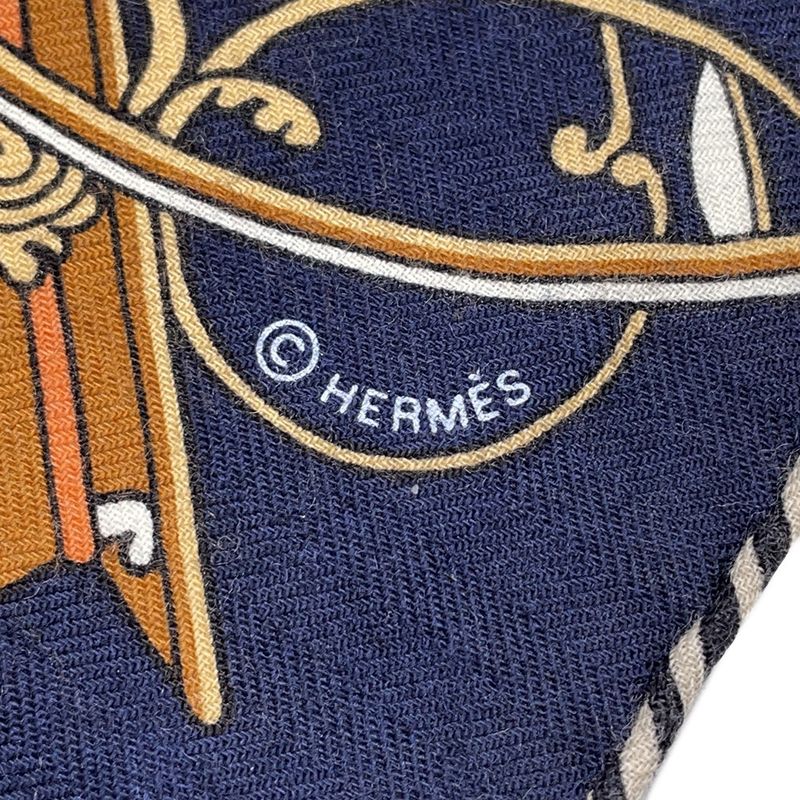 Hermes Shawl Triangle Jean Folding Top Carriage Cashmere Silk Navywhite Canvas Tabac