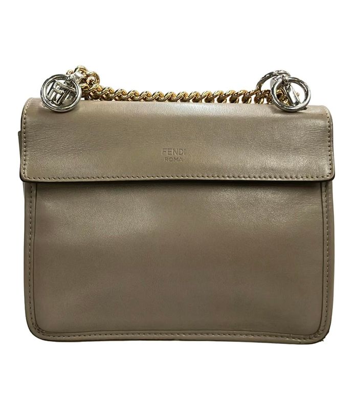 Fendi Shoulder Bag Crossbody Chain Calf Leather Greige