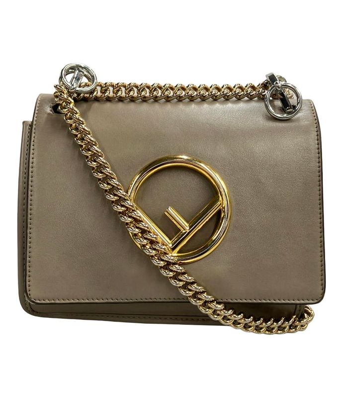 Fendi Shoulder Bag Crossbody Chain Calf Leather Greige