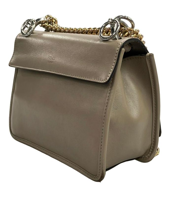 Fendi Shoulder Bag Crossbody Chain Calf Leather Greige