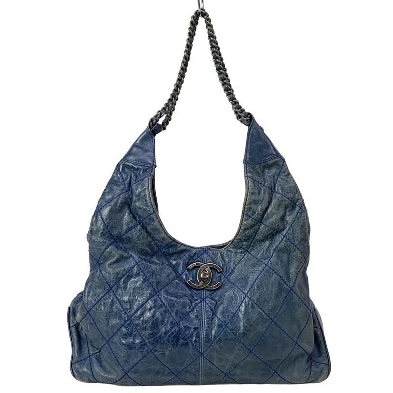 Chanel Shoulder Bag Wild Stitch Blue Chain Vintage Silver