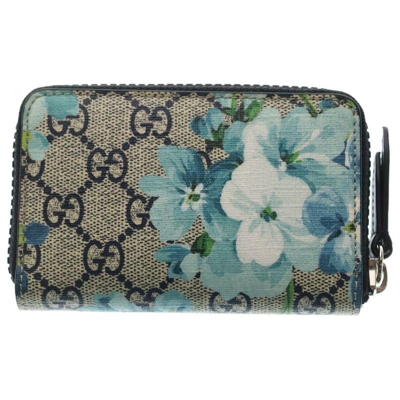 Gucci GG Blooms Flower Print Compact Wallet Beige Blue Leather