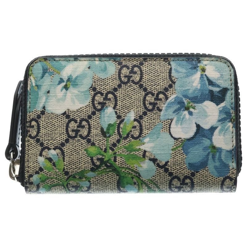 Gucci GG Blooms Flower Print Compact Wallet Beige Blue Leather