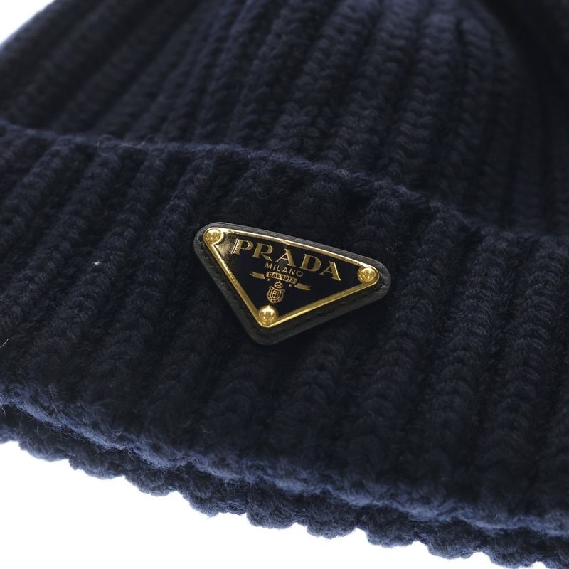 Prada Triangle Logo Beanie Knit Cap Navy
