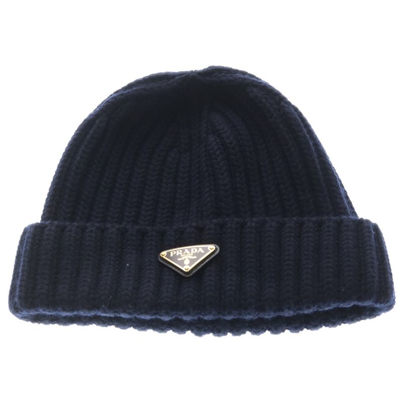 Prada Triangle Logo Beanie Knit Cap Navy