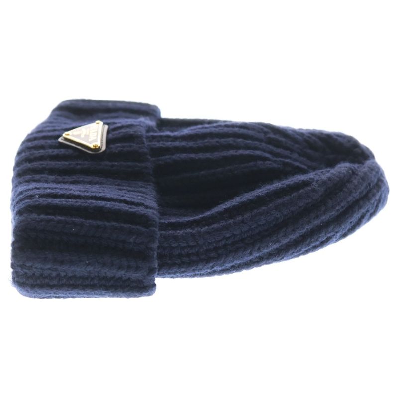 Prada Triangle Logo Beanie Knit Cap Navy