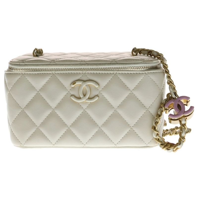 Chanel CC Logo Vanity Mini Shoulder Bag Chain White Lambskin Quilted