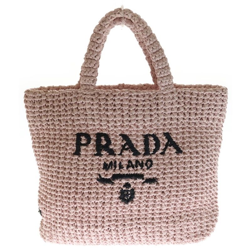 Prada Crochet Tote Basket Light Pink Raffia