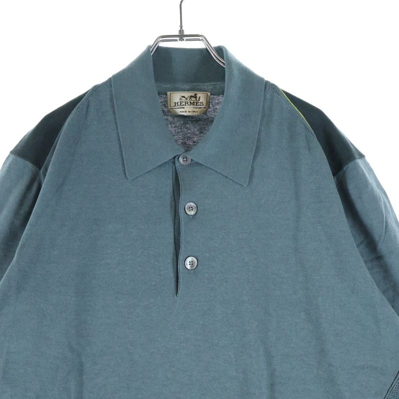 Hermes Mesh Cut Replacement Cashmere Blend Cotton Knit Polo Shirt Gray