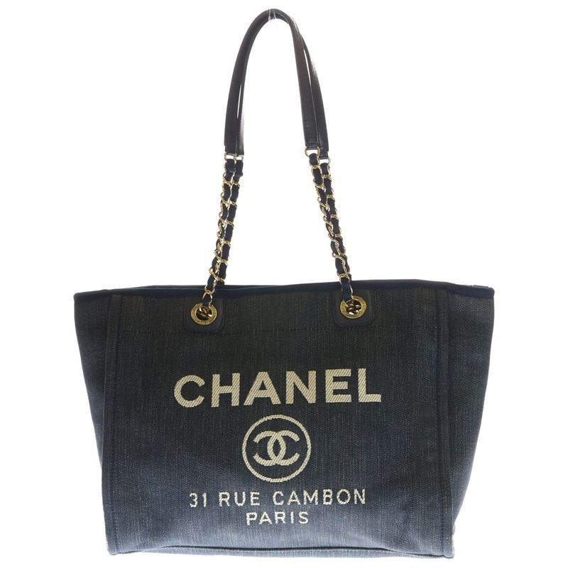 Chanel Deauville MM Tote Navy Canvas Gold