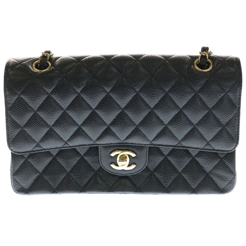 Chanel Quilted 25 Double Flap Chain Shoulder Bag Black Caviar Leather