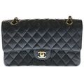 Chanel Quilted 25 Double Flap Chain Shoulder Bag Black Caviar Leather