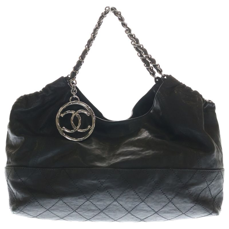 Chanel Coco Cabas Chain Tote Black Leather Silver