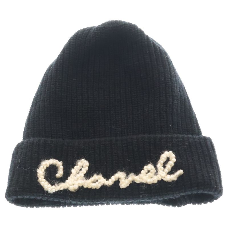 Chanel Beads Logo Cashmere Knit Hat Beanie Black White